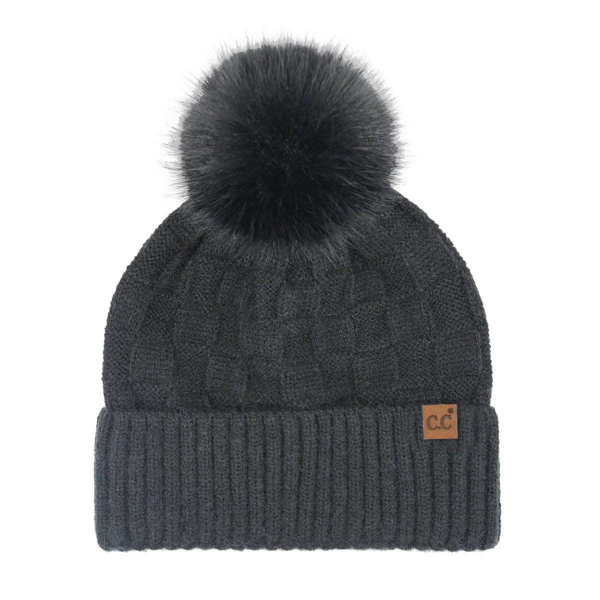 Woven Checkered Pom Pom Beanie - Black