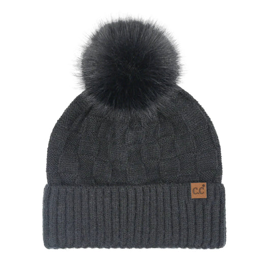 Woven Checkered Pom Pom Beanie - Black