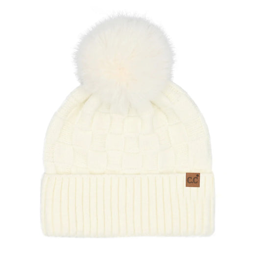 Woven Checkered Pom Pom Beanie - Ivory