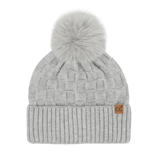Woven Checkered Pom Pom Beanie - Gray
