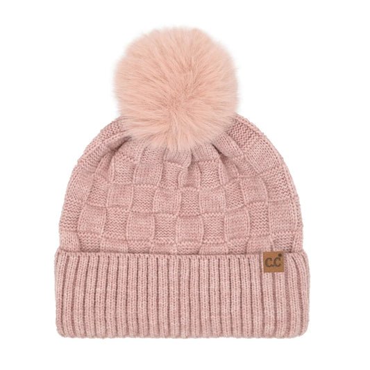 Woven Checkered Pom Pom Beanie - Rose