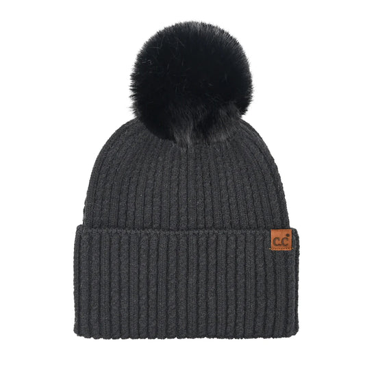 Cable Knit Cuff Pom Pom Hat - Black