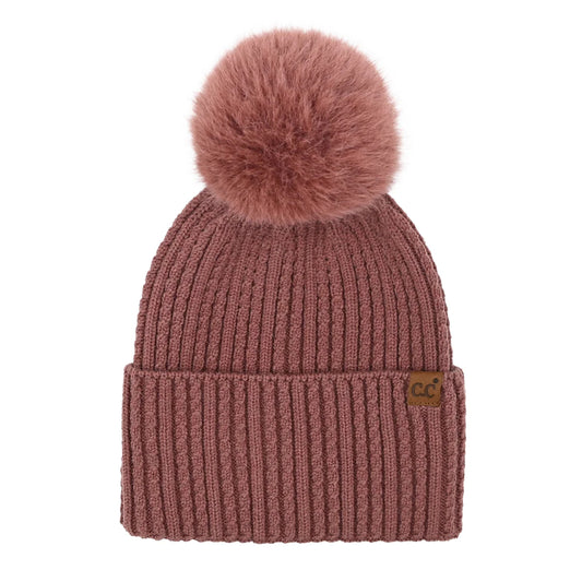 Cable Knit Cuff Pom Pom Hat - Coco Berry