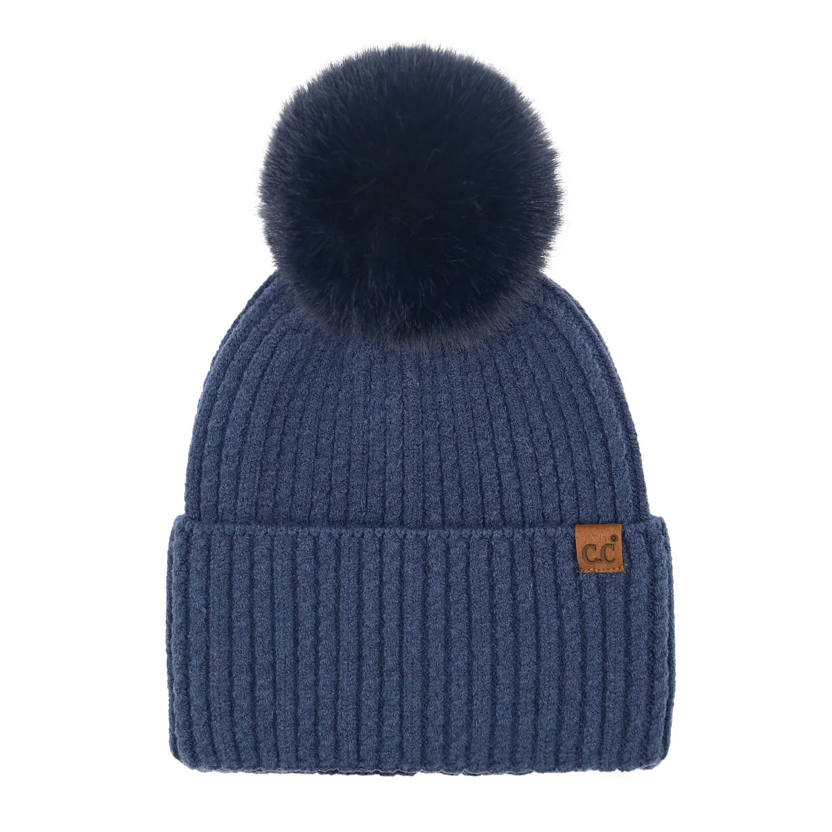 Cable Knit Cuff Pom Pom Hat - Navy