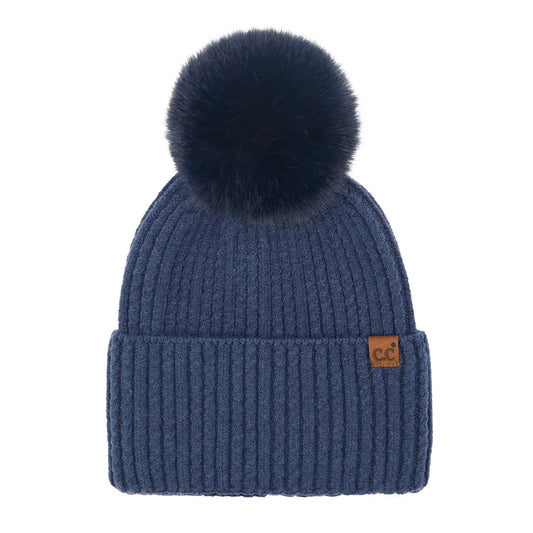 Cable Knit Cuff Pom Pom Hat - Navy