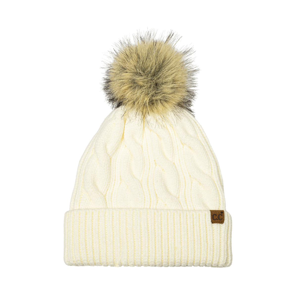 Cable Pom Beanie - Ivory