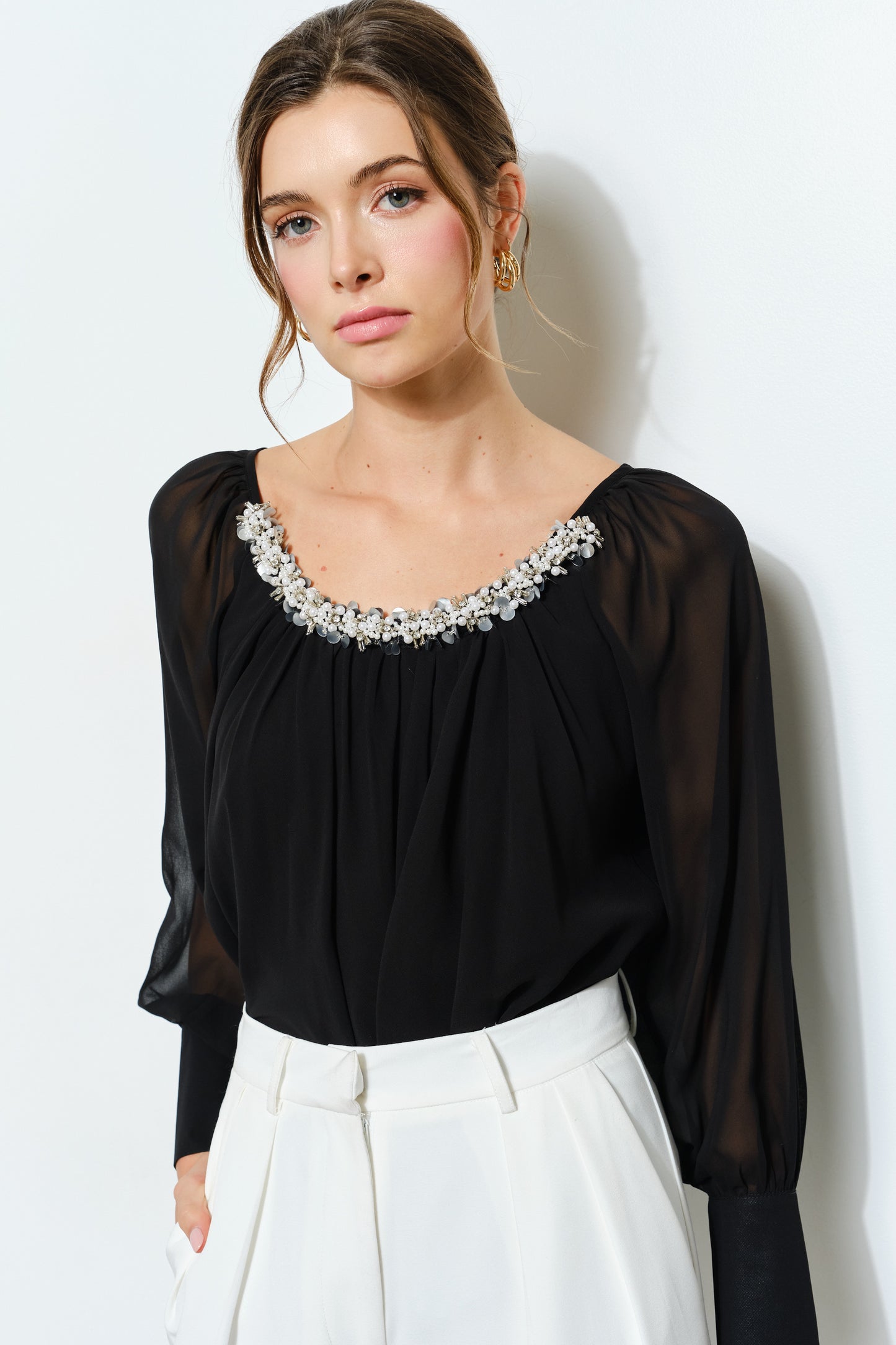 Beaded Collar Sheer Top