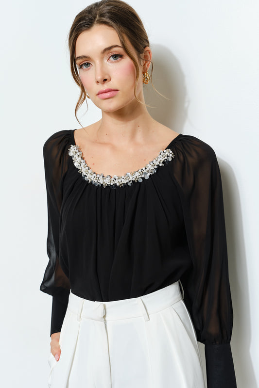 Beaded Collar Sheer Top