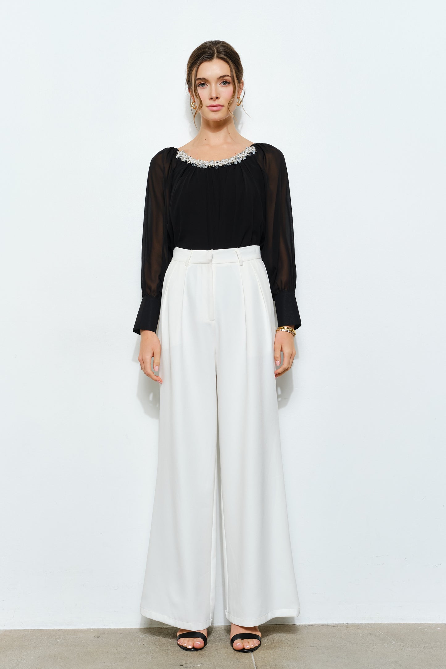 Beaded Collar Sheer Top