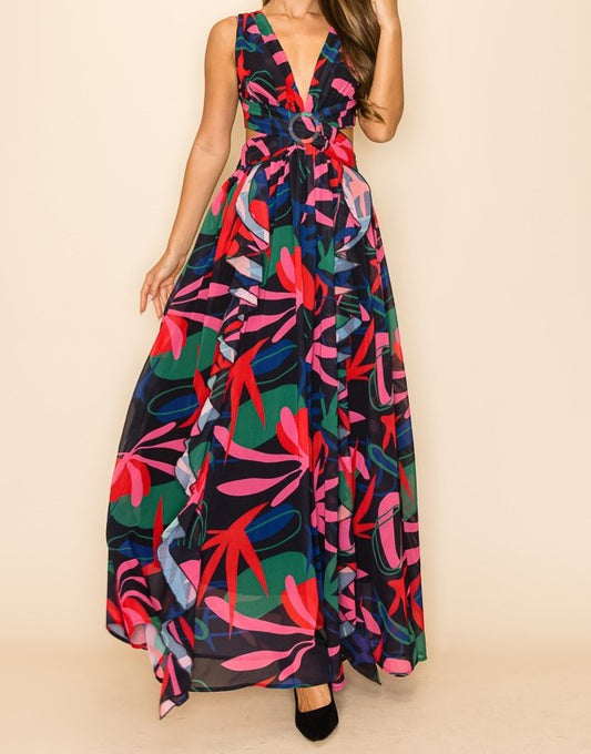 Halter Top Side Slits Floral Dress