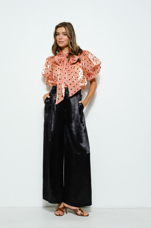 Braided Belt Wide Leg Pants - Black