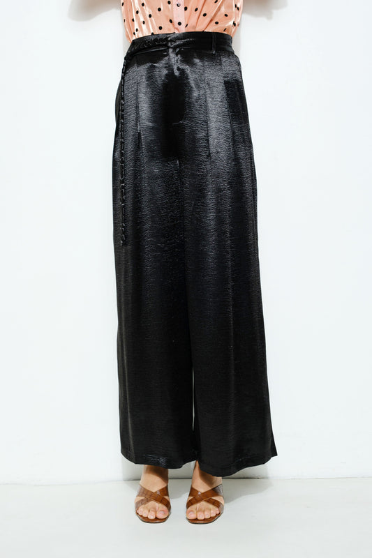 Braided Belt Wide Leg Pants - Black