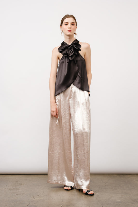 Braided Belt Wide Leg Pants - Champagne