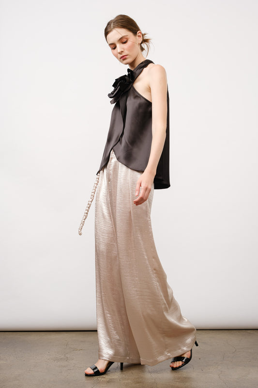 Braided Belt Wide Leg Pants - Champagne