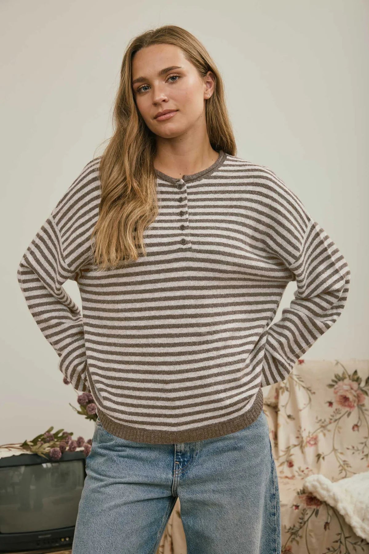 Henley Striped Button Sweater