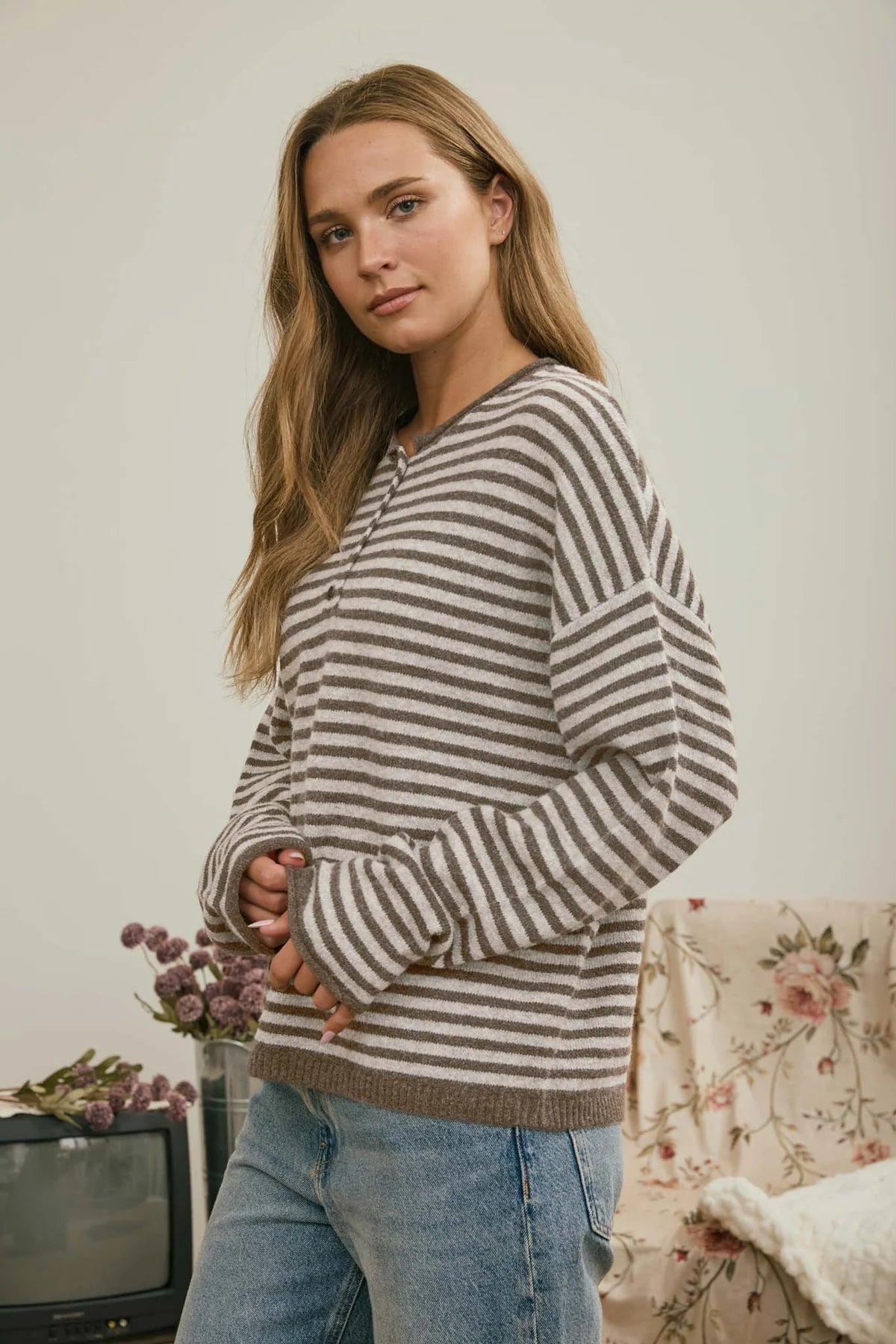 Henley Striped Button Sweater