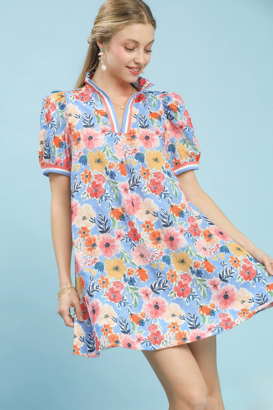 Collared High Neck Floral Dress