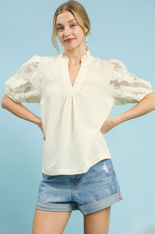 Lace Contrast Sleeve Top