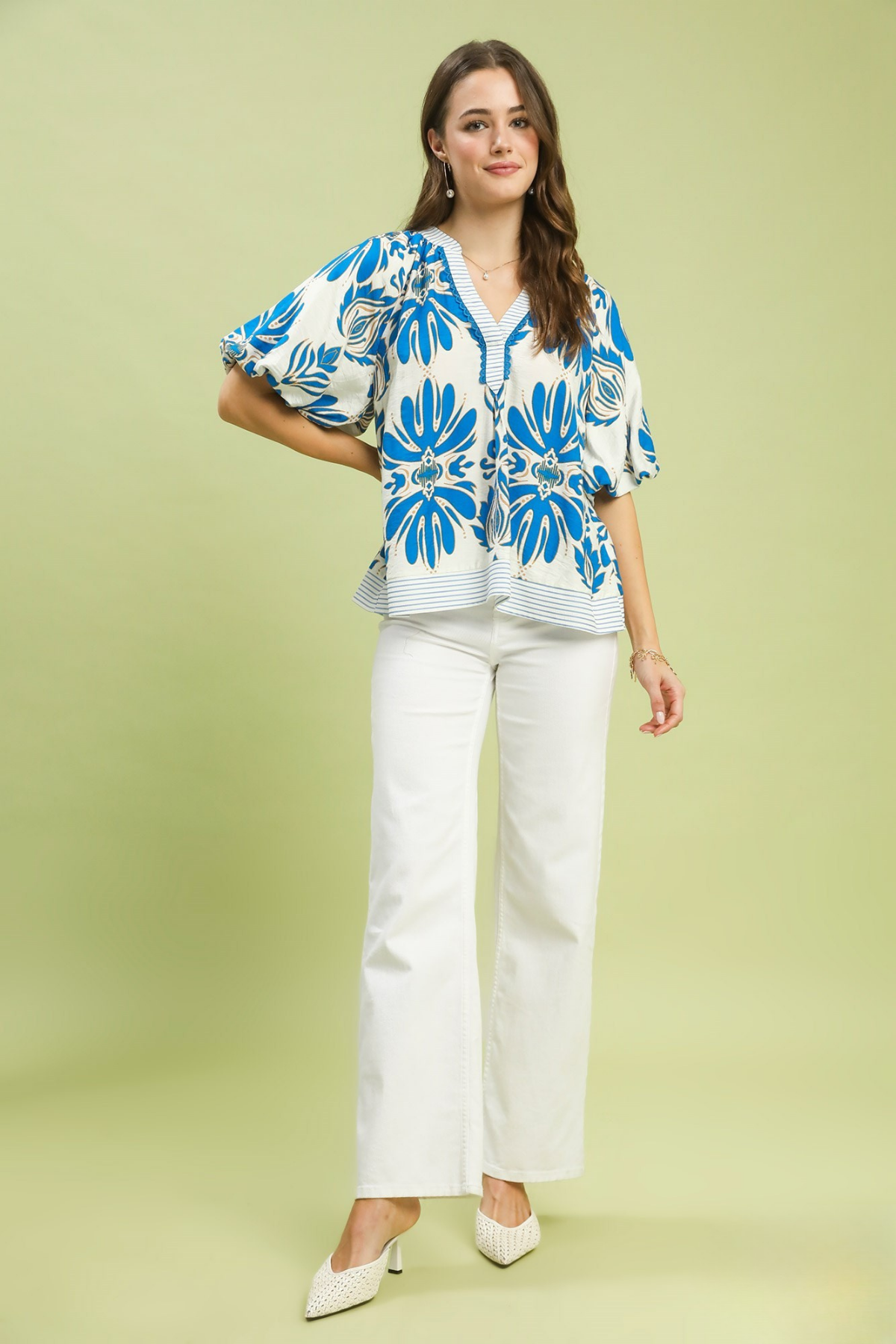 Mixed Print Puff Sleeve Top