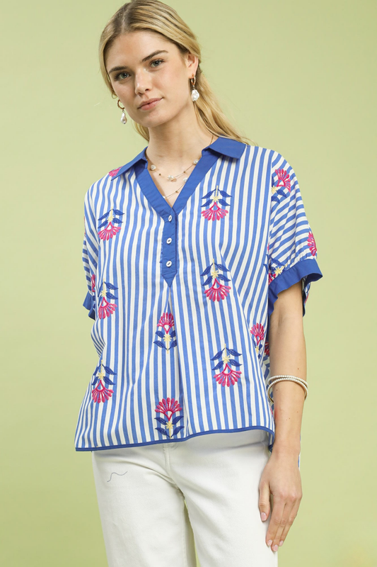 Stripe Embroidered Boho Top