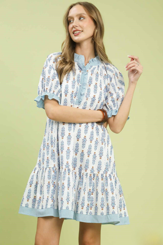 Striped Trim Floral Dress