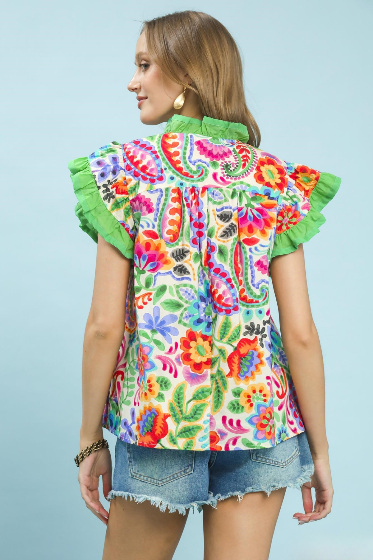 Ruffle Trim Paisley Floral Top