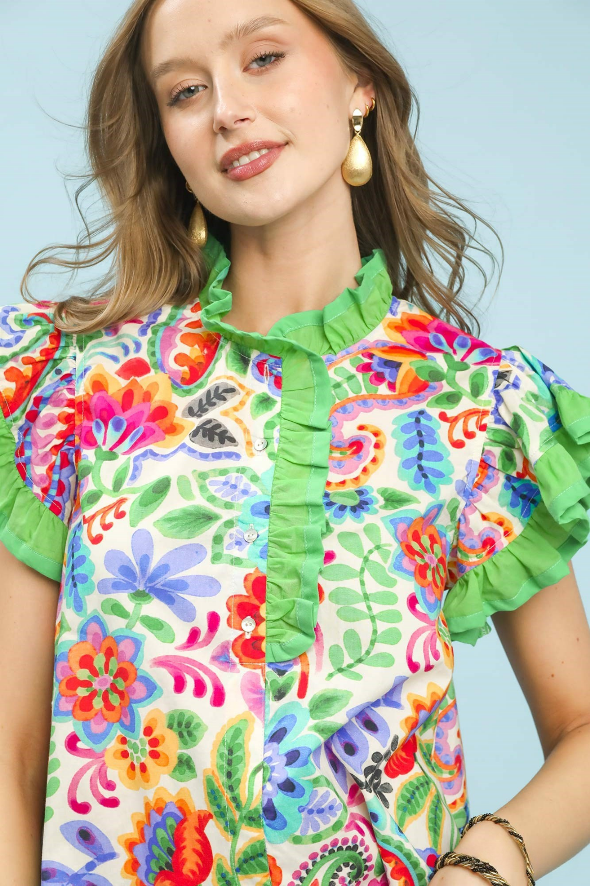 Ruffle Trim Paisley Floral Top