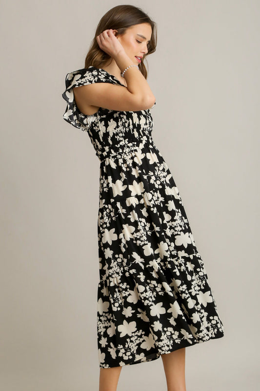Black Floral Print Smocked Dress