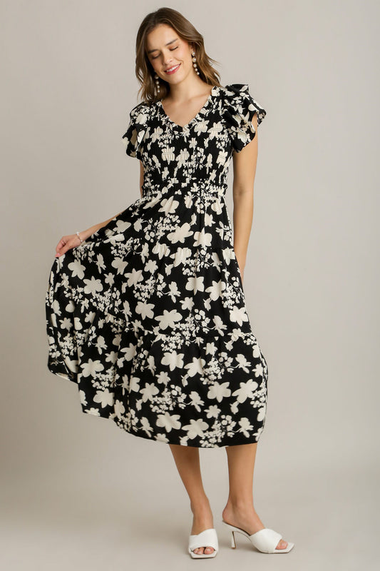 Black Floral Print Smocked Dress