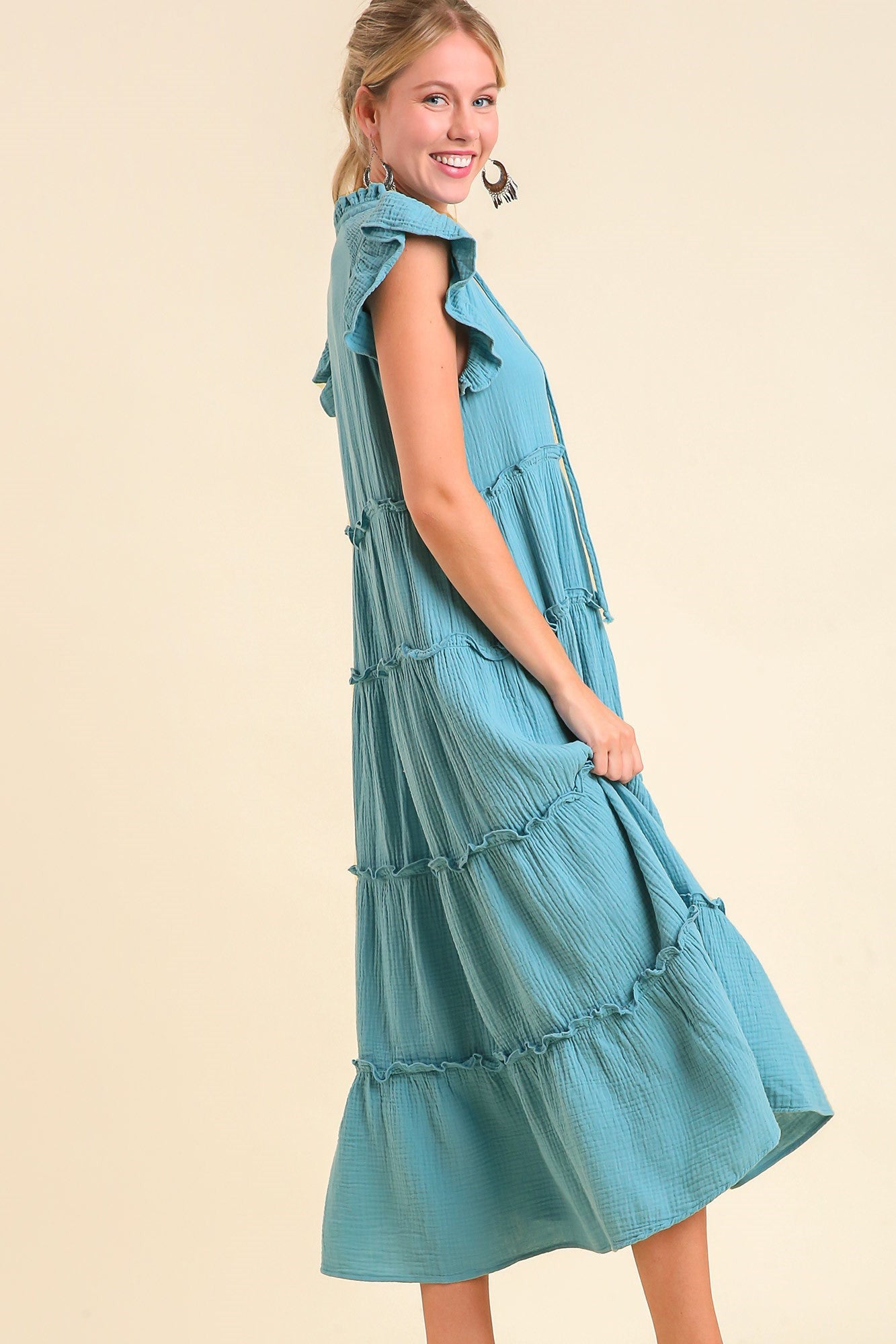 Tiered Ruffle Sleeve Front Tie Dress