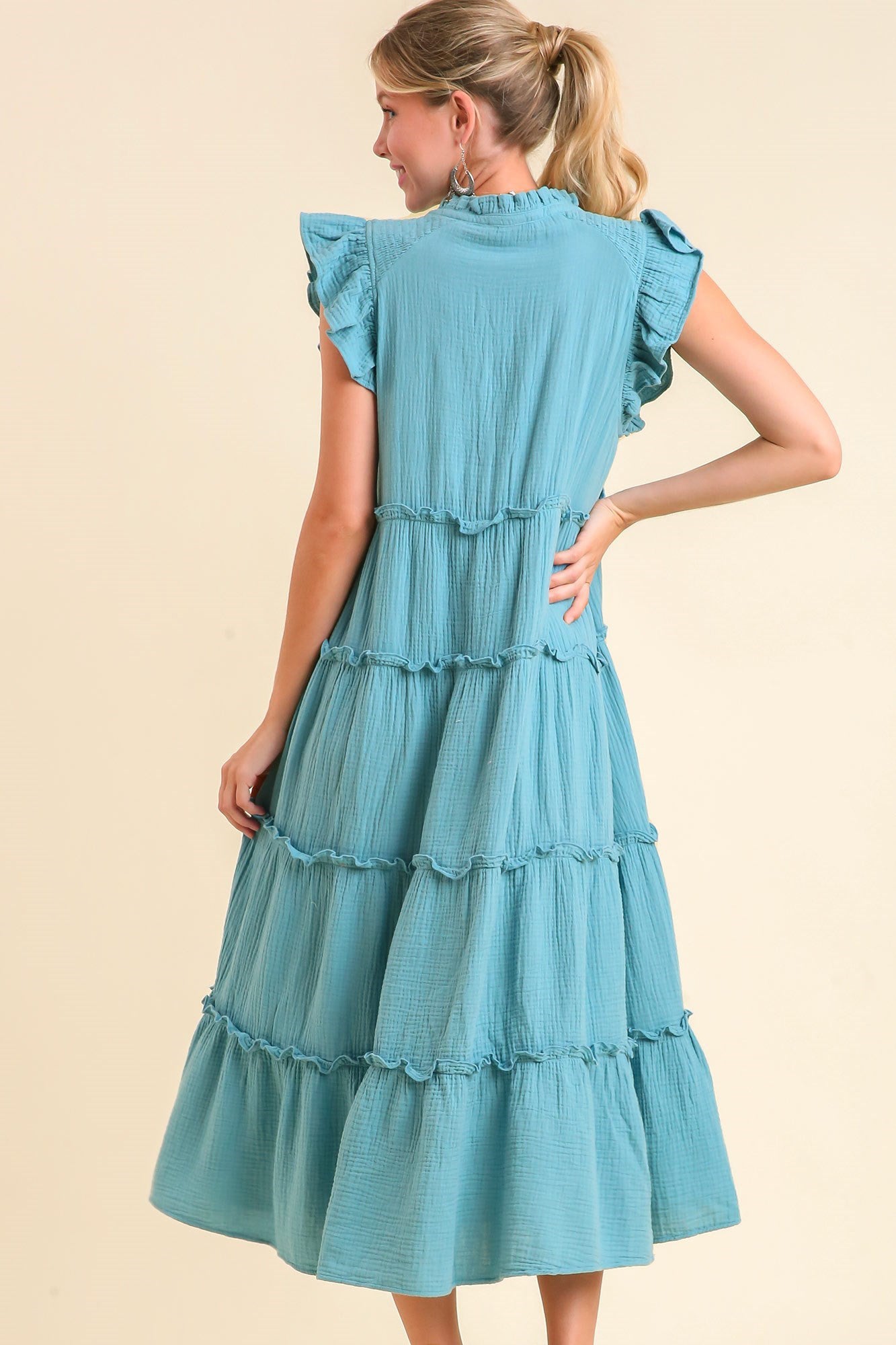 Tiered Ruffle Sleeve Front Tie Dress
