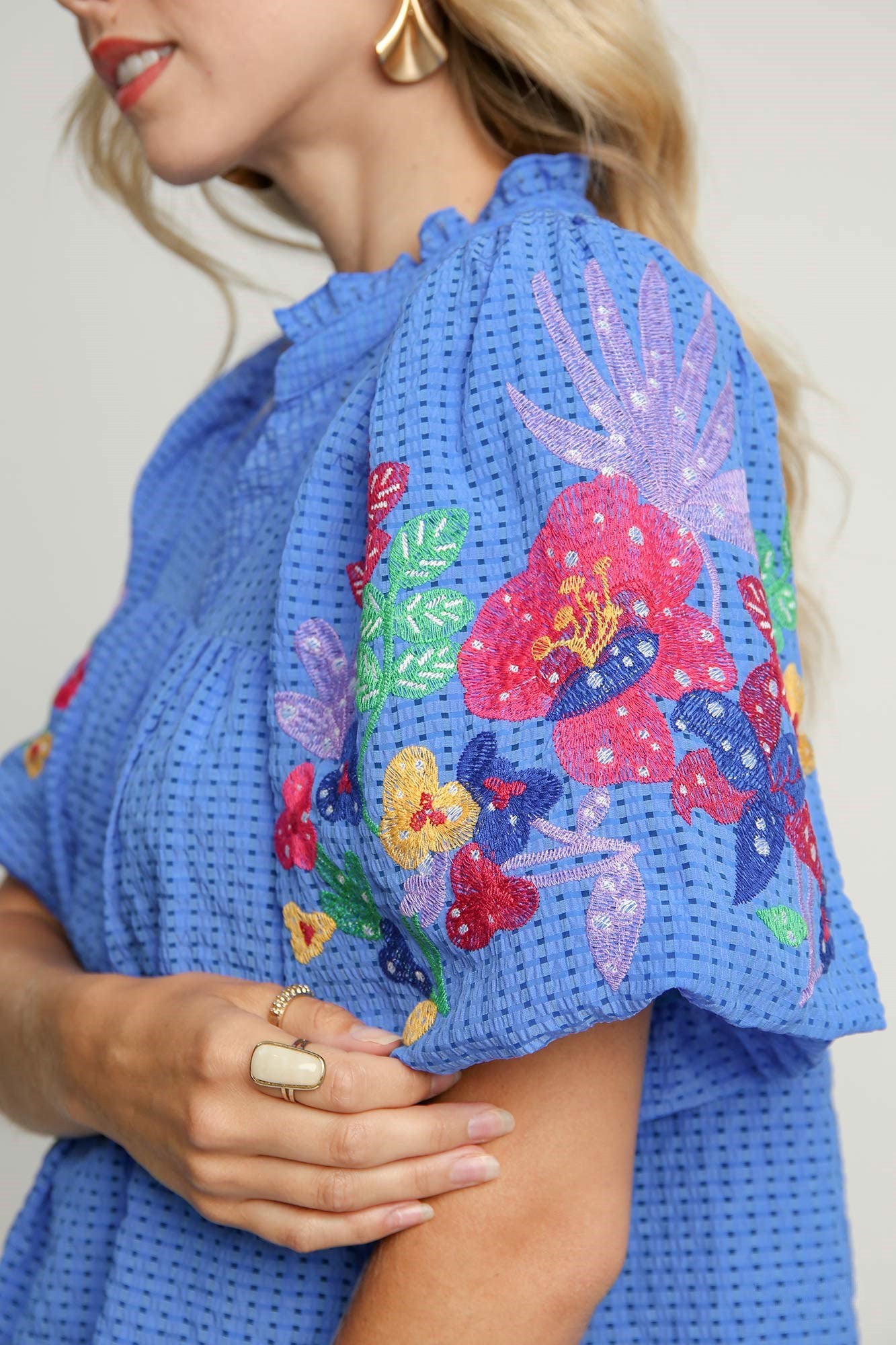 Embroidered Bubble Sleeve Dress