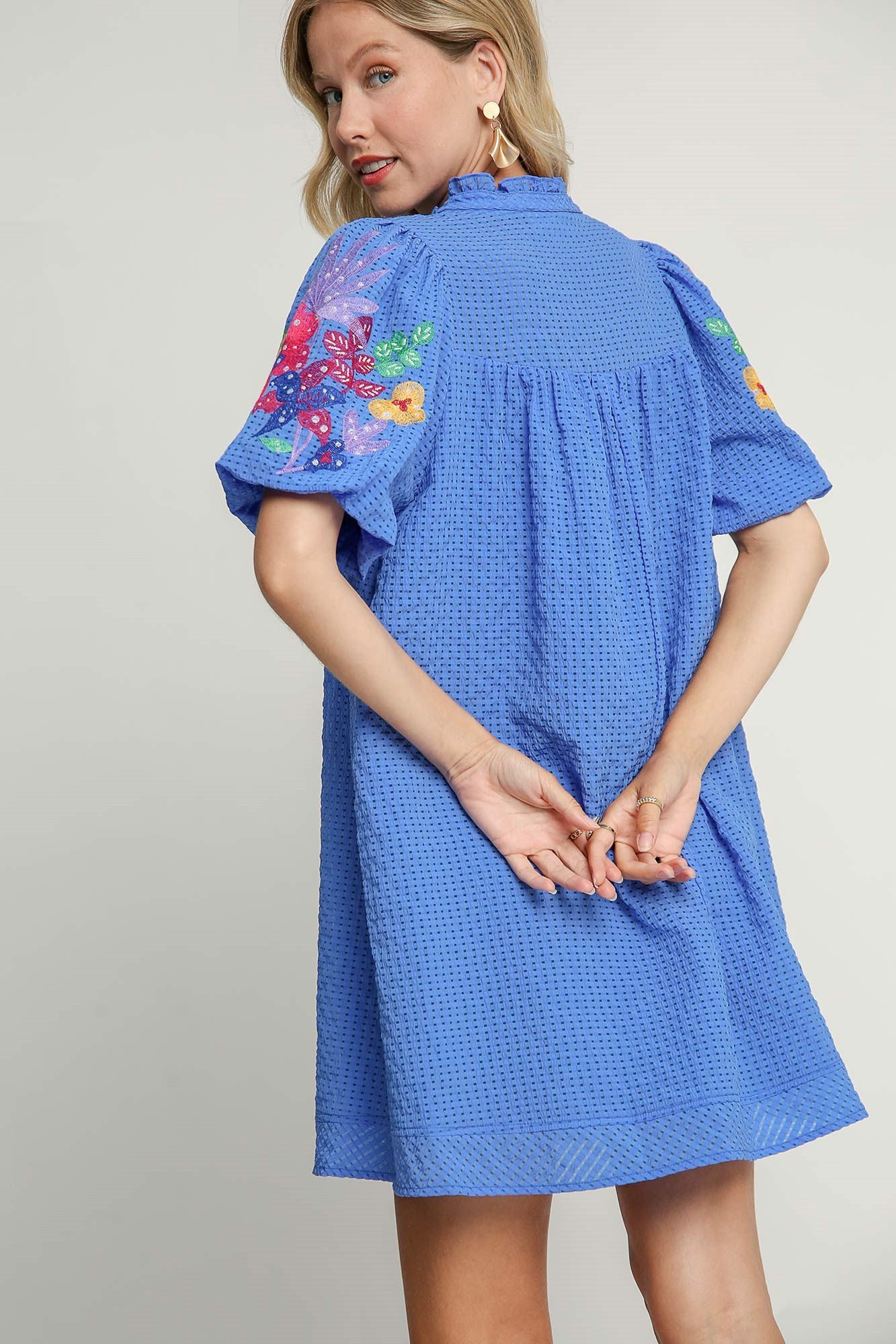 Embroidered Bubble Sleeve Dress