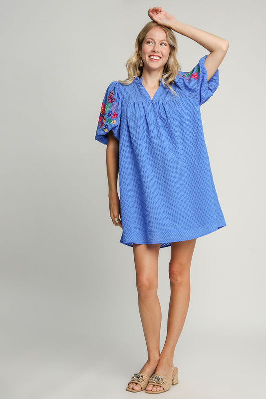 Embroidered Bubble Sleeve Dress
