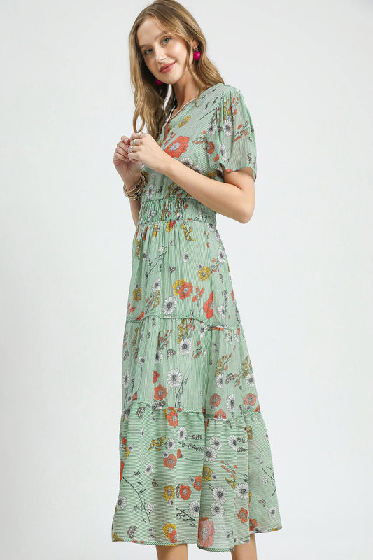 Striped Floral Midi Dress