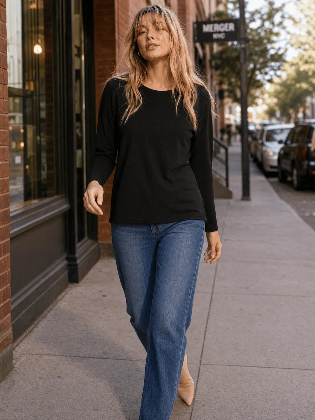 Long Sleeve Rib Knit Top - Black