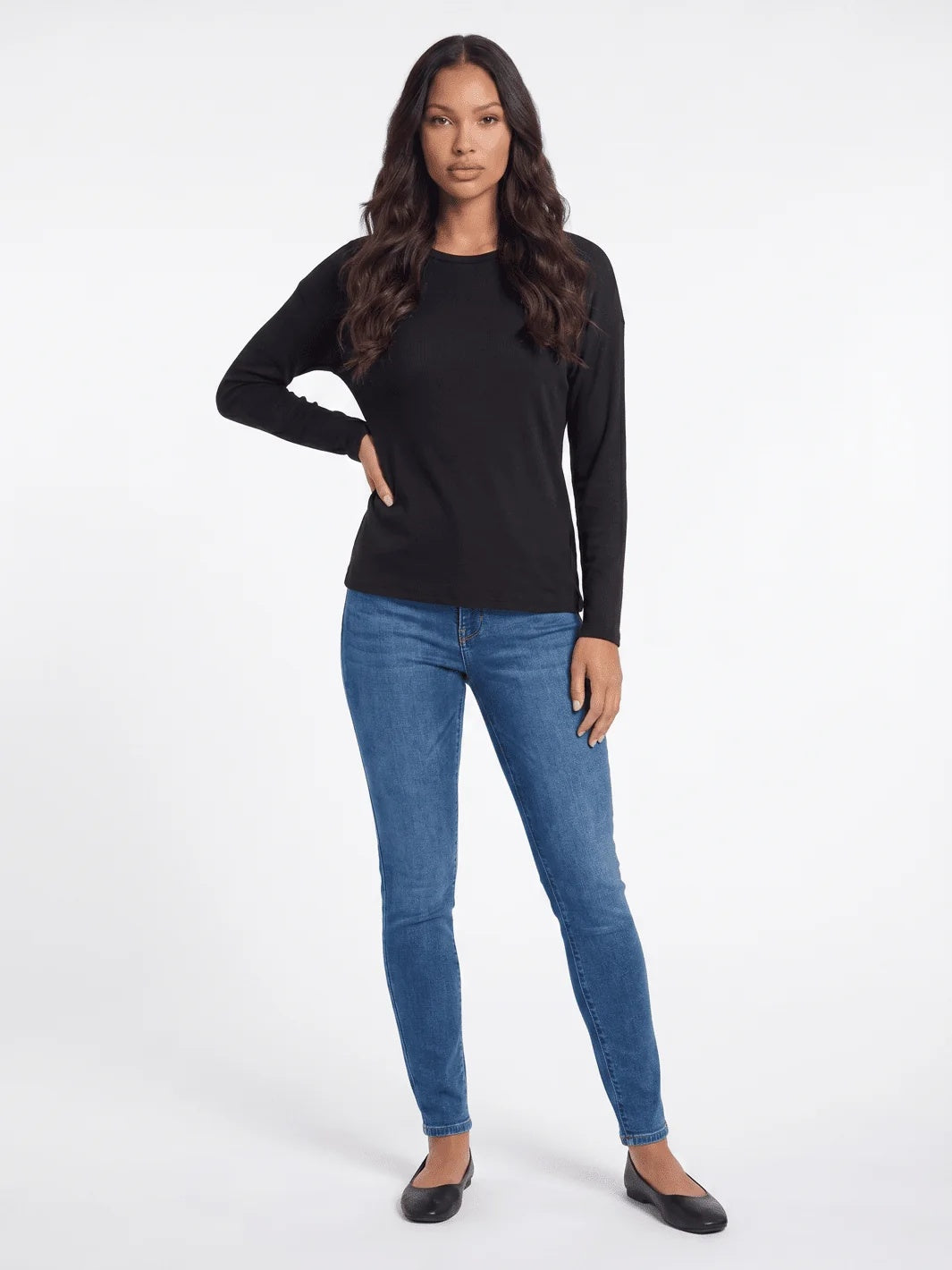 Long Sleeve Rib Knit Top - Black