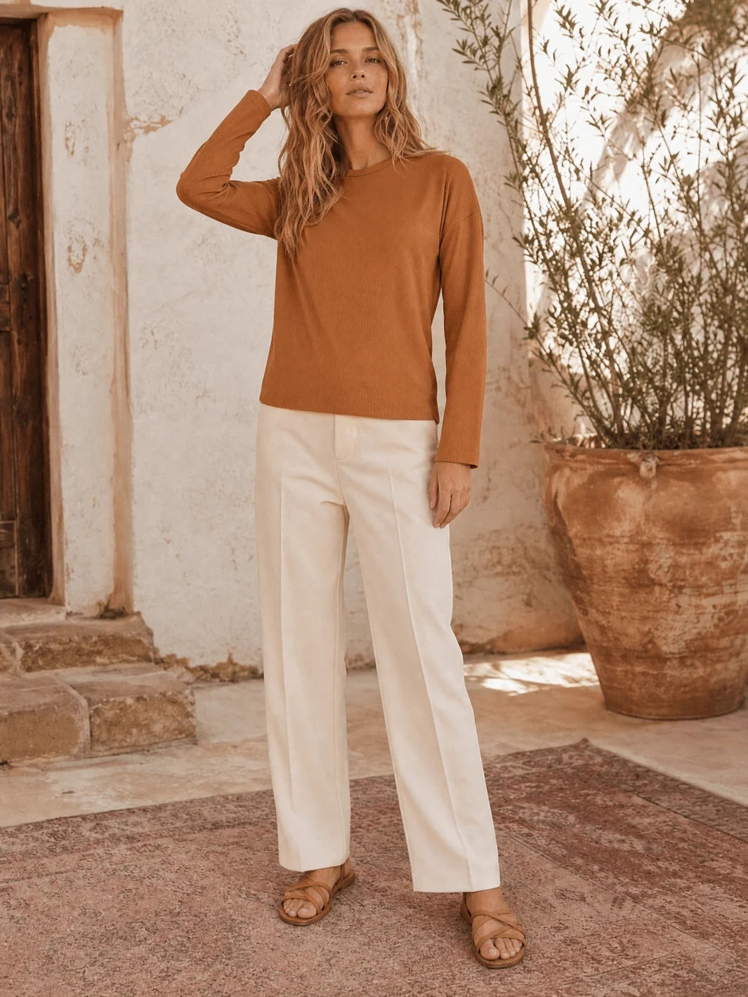 Long Sleeve Rib Knit Top - Camel