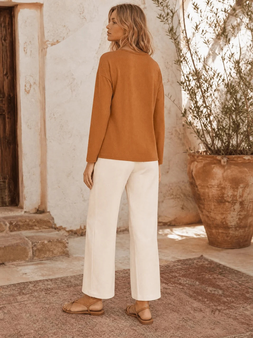 Long Sleeve Rib Knit Top - Camel