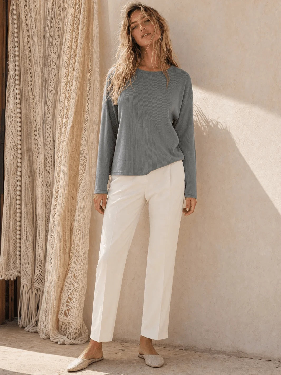 Long Sleeve Rib Knit Top - Gray