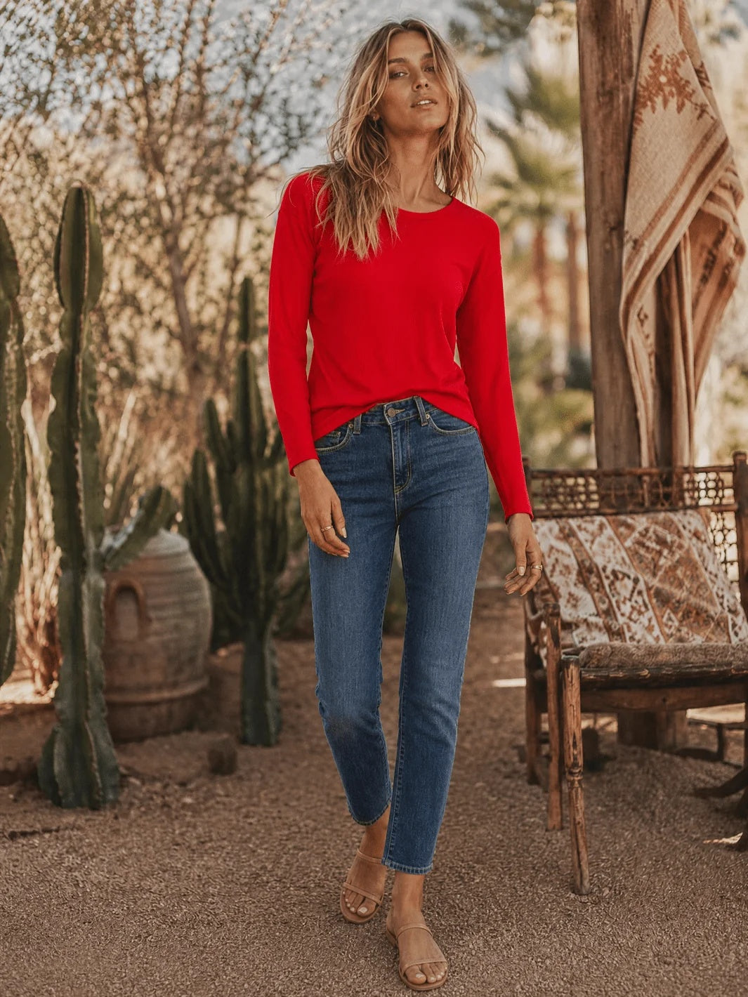 Long Sleeve Rib Knit Top - Red