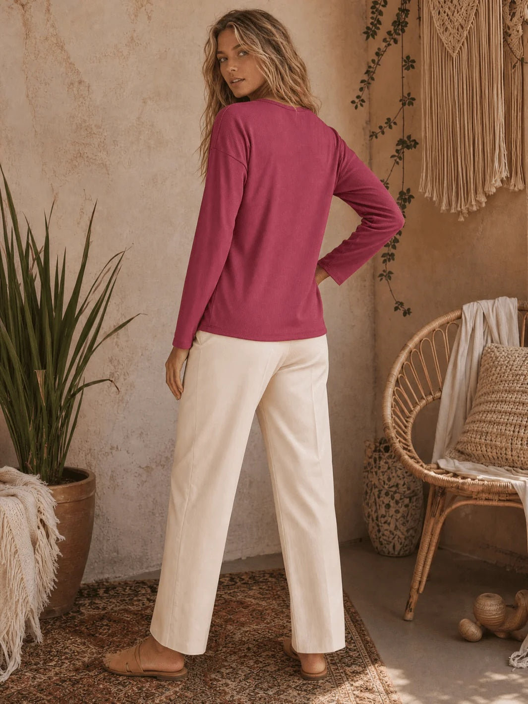 Long Sleeve Rib Knit Top - Rose