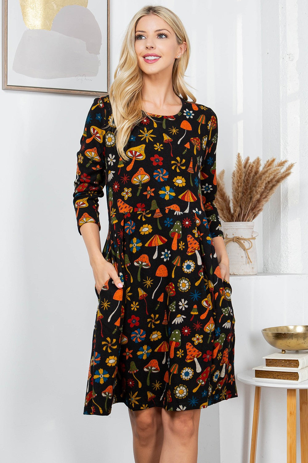 Retro Mushroom Sweater Dress - Black