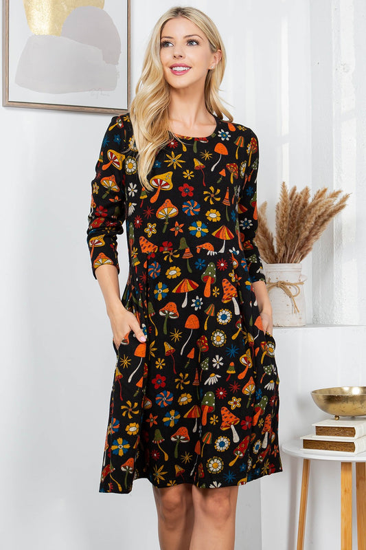 Retro Mushroom Sweater Dress - Black