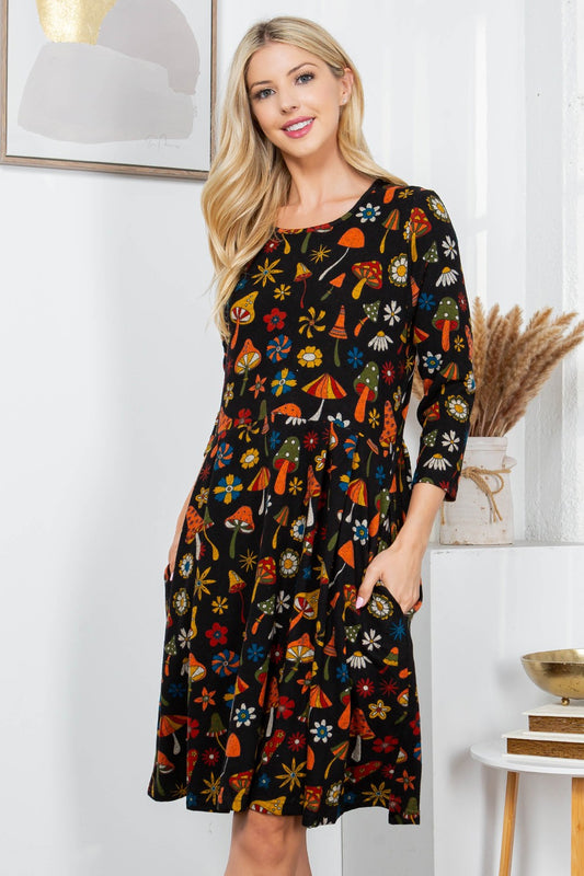Retro Mushroom Sweater Dress - Black