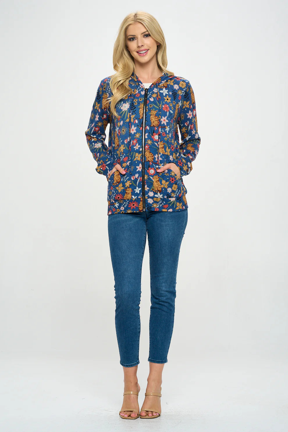 Floral Cat Zip Hoodie