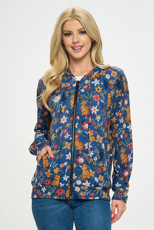 Floral Cat Zip Hoodie