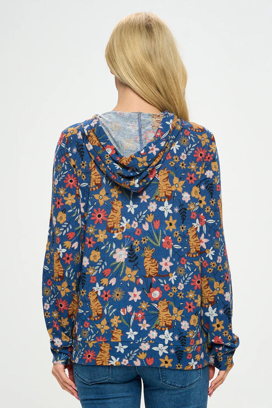 Floral Cat Zip Hoodie
