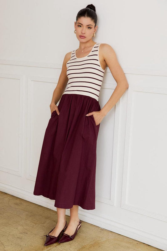 Striped Knit Bodice Midi Dress