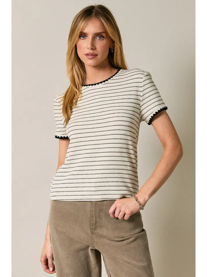 Stitch Detail Stripe Top - Cream